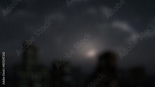 Dark rainy cityscape animation. Dreary gloomy storm in nighttime urban environment.