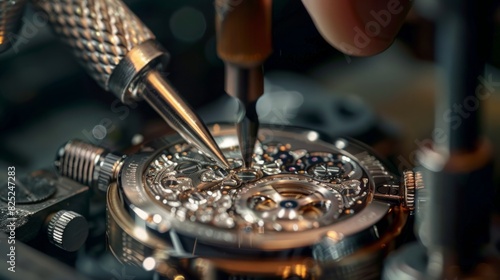 Detailed close up of a watch being carefully repaired by a skilled technician. photo