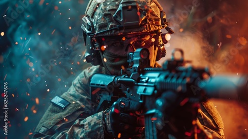 Portrait of special forces soldier in action.