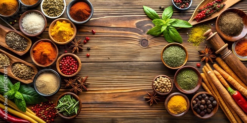 Spices and herbs on a wooden table top. Food and cuisine ingredients. The concept of healthy and tasty food. Background with copy space for menu  invitation  card  banner  flyer