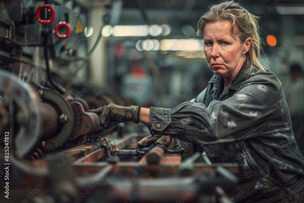 a woman in her forties working in a factory in tough conditions a woman in her forties working in a factory in tough conditions