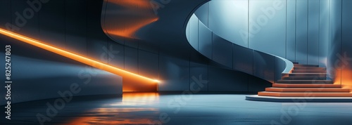 Abstract blue and orange glowing futuristic interior of spaceship or time machine. photo