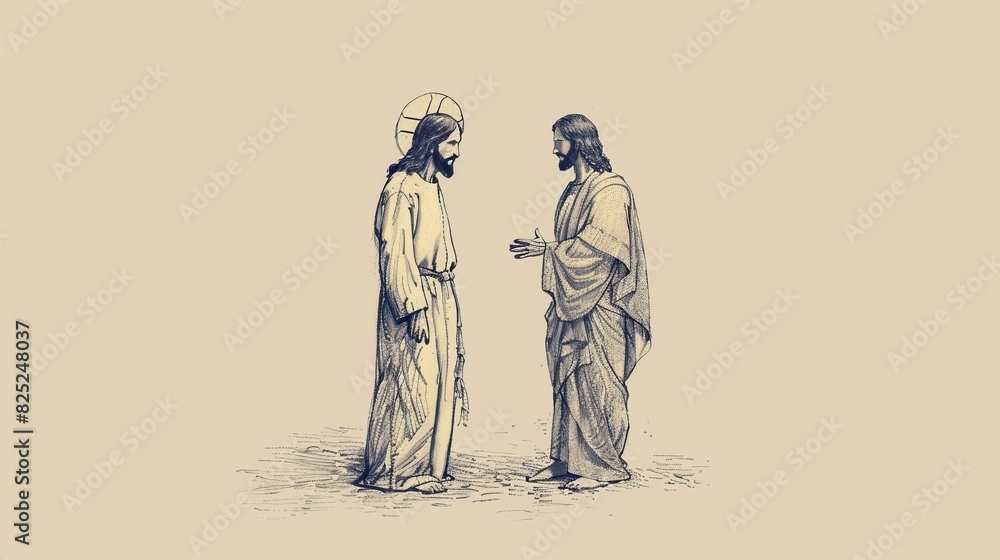 Obraz premium Jesus Standing Beside a Person Facing a Difficult Decision, Offering Guidance, Biblical Illustration of Support and Wisdom