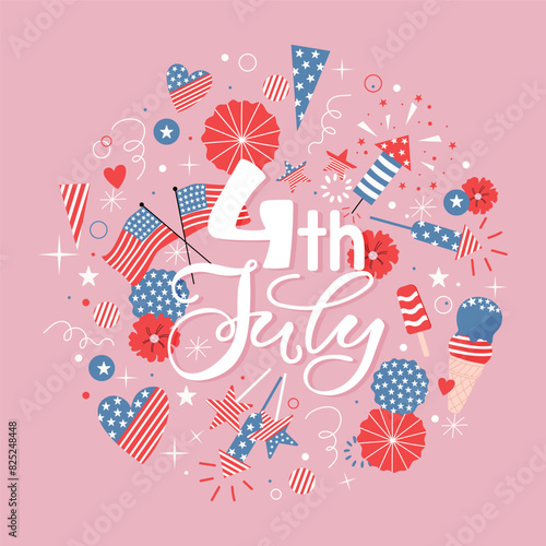Celebration poster 4th of July. Handdrawn elements for independence day.