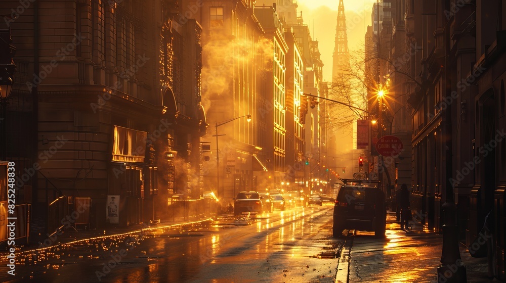 Beautiful sunset over a Parisian street lined with historic buildings, capturing the city's charm and architectural elegance. Cityscape at dawn, buildings bathed in golden light Beautiful sunset over a Parisian street lined with historic buildings, capturing the city's charm and architectural elegance. Cityscape at dawn, buildings bathed in golden light