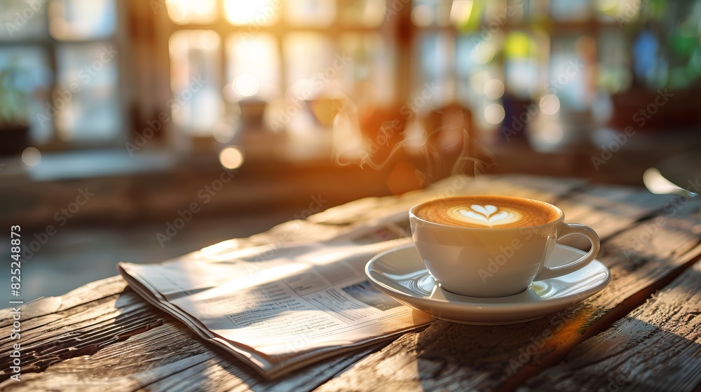 Cup of coffee on a rustic table, morning newspaper, sunlight creating a warm glow, peaceful and relaxed start Cup of coffee on a rustic table, morning newspaper, sunlight creating a warm glow, peaceful and relaxed start