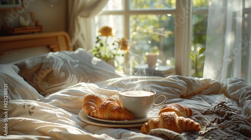 Breakfast in bed with coffee and croissants  sunlight streaming through the window  cozy and inviting morning