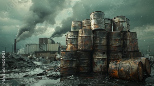 Barrels of toxic waste in an industrial wasteland