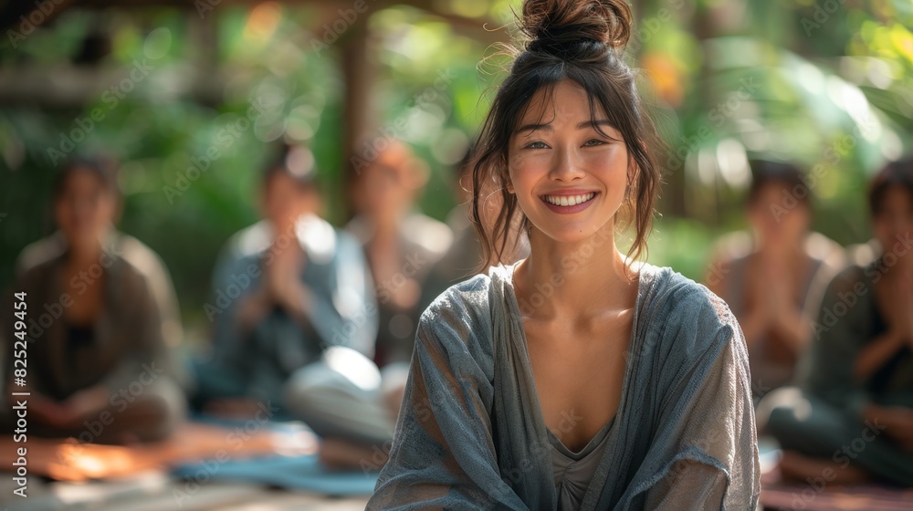 Fototapeta premium wellness retreat, people with serene expressions practicing wellness activities at a retreat center led by an asian meditation instructor in a lush garden with a gentle breeze rustling leaves
