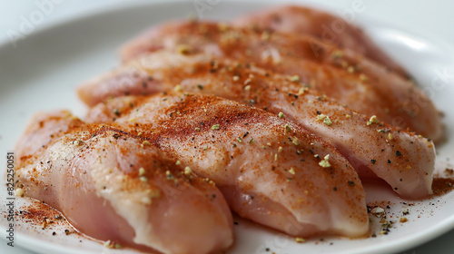 Peitos de frango crus temperados com especiarias num prato branco photo