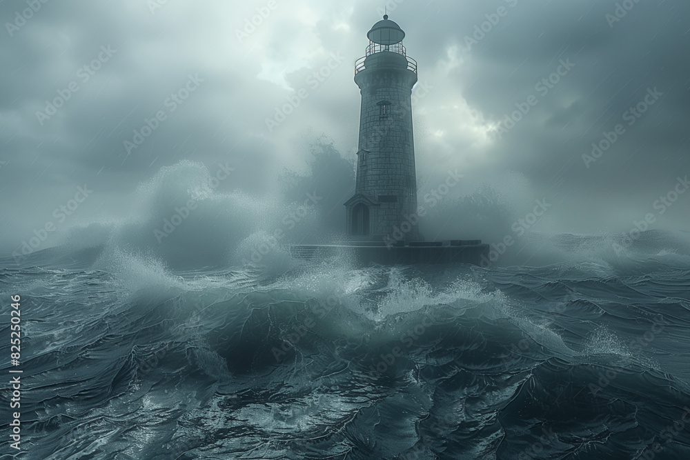 Storm waves over the Lighthouse in a cloudy day, 3d render