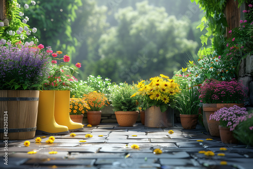 Sunny spring or summer garden with flowerpots and yellow boots, gardening background, 3d render  photo