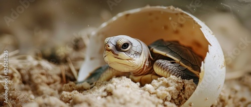 A baby turtle hatching from its egg photo