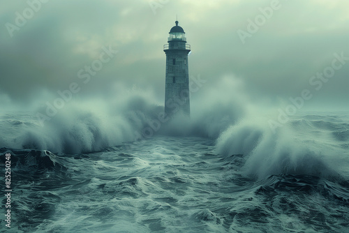 Storm waves over the Lighthouse in a cloudy day, 3d render © Anna