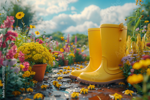 Sunny spring or summer garden with flowerpots and yellow boots, gardening background, 3d render 