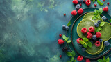 Fundo colorido com um prato com deliciosas panquecas verdes cobertas com frutas vermelhas, perfeitas para uma imagem de espaço de cópia