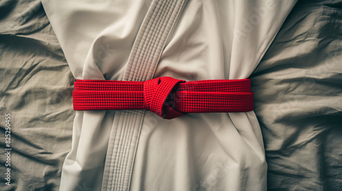 Cinto vermelho de artes marciais e quimono branco na superfície texturizada cinza, visto de cima photo
