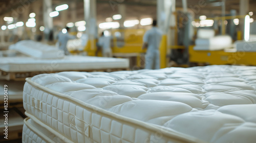 Close de colchões brancos dispostos em uma grande fábrica industrial com trabalhadores ao fundo. photo