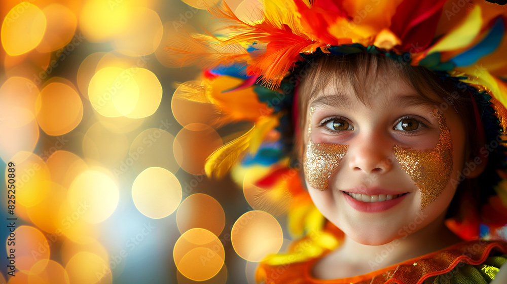 Young child in colorful carnival costume with bright hat. Copy space. Generative AI	