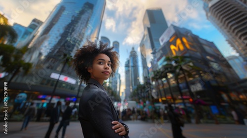 Determined mixedrace businesswoman stands tall, gazing into the future against a bustling city backdrop at sunset photo