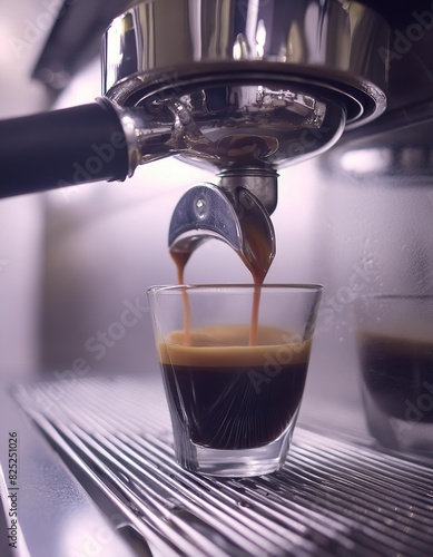 Espresso poruing from coffee machine at cafe 