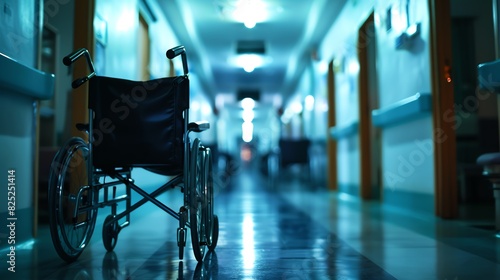 Hospital hallway with empty wheelchairs lined up close up, focus on, copy space with bright, sterile lighting Double exposure silhouette with a compassionate nurse photo