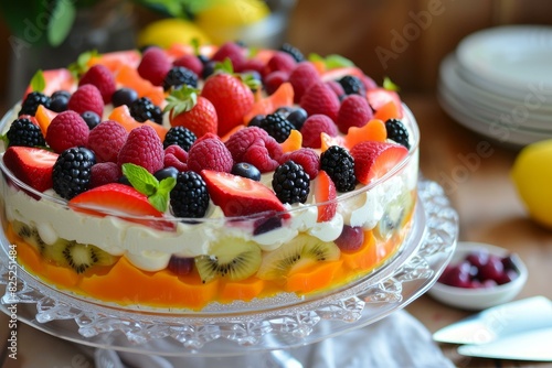 Colorful mixed fruit trifle in a glass bowl, ready for a festive celebration