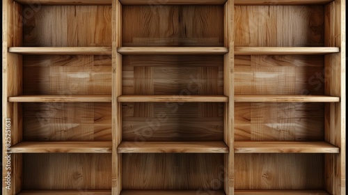 3D render of an empty wooden bookcase  isolated on white background  top view