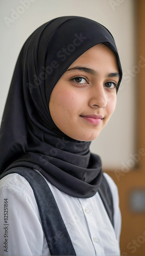 Portrait of a young female student in a classroom wearing a hijab and smiling