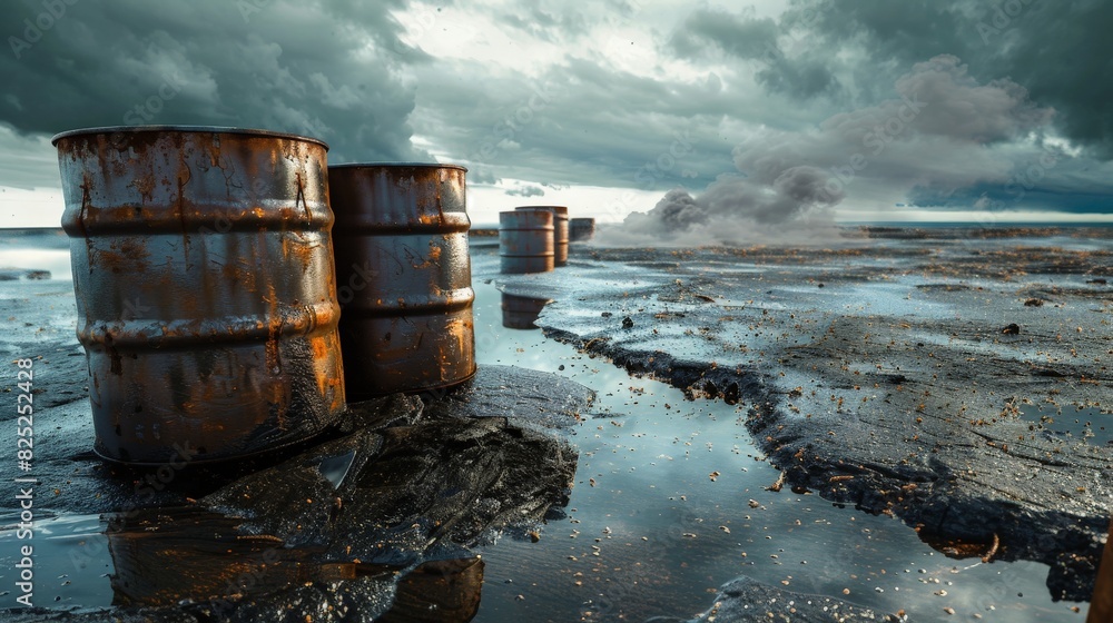 rusty barrels in a post-apocalyptic landscape rusty barrels in a post-apocalyptic landscape