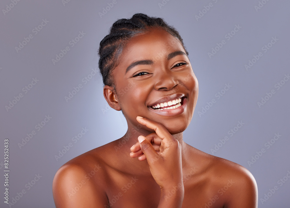 Φωτογραφία Beauty, portrait and smile of natural black woman in studio on gray background for cosmetic wellness