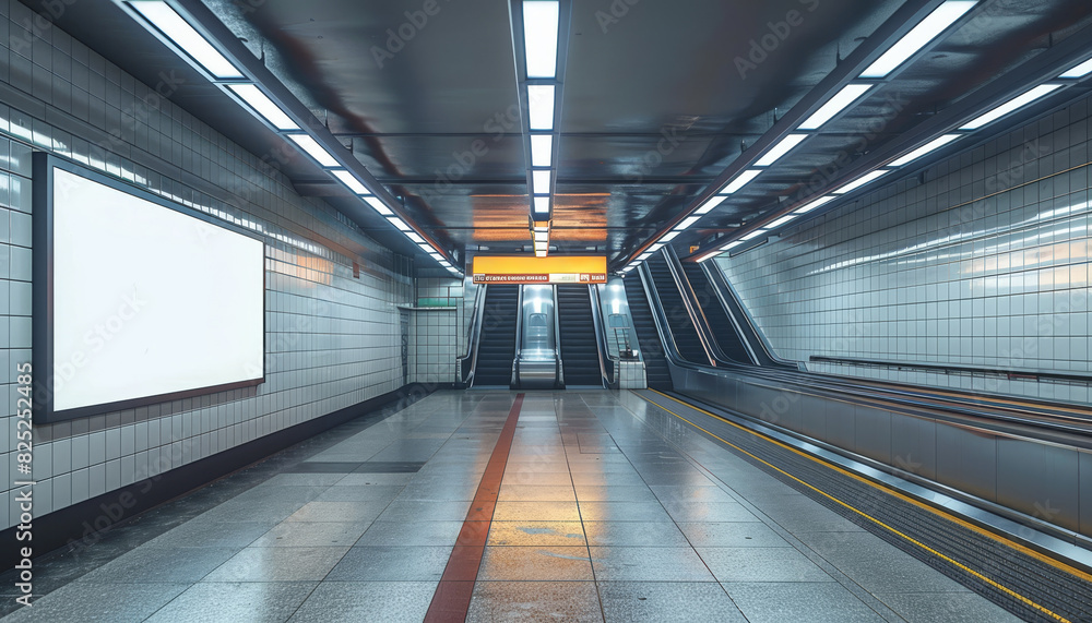 A large, empty subway station with a white sign on the wall by AI generated image A large, empty subway station with a white sign on the wall by AI generated image