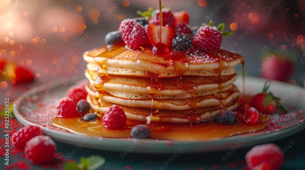 morning breakfast delight, tall stack of fluffy pancakes topped with fruit and syrup, a scrumptious homemade breakfast on a cozy morning morning breakfast delight, tall stack of fluffy pancakes topped with fruit and syrup, a scrumptious homemade breakfast on a cozy morning
