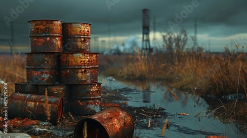rusty barrels in the middle of the swamp