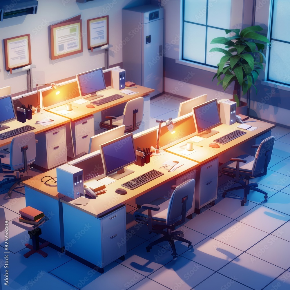 empty bright clean cozy small techy office with several desks illustration empty bright clean cozy small techy office with several desks illustration