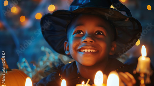 A joyful African American child dressed as a witch happily interacts with candles durin photo
