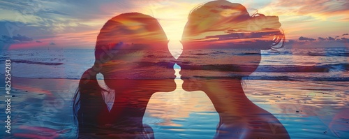 A double exposure of an LGBTQ+ couple's faces, merged with a serene beach sunset
