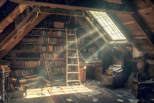 Nostalgic Attic Space Bathed in Golden Sunlight with Vintage Treasures and Cobwebs photo