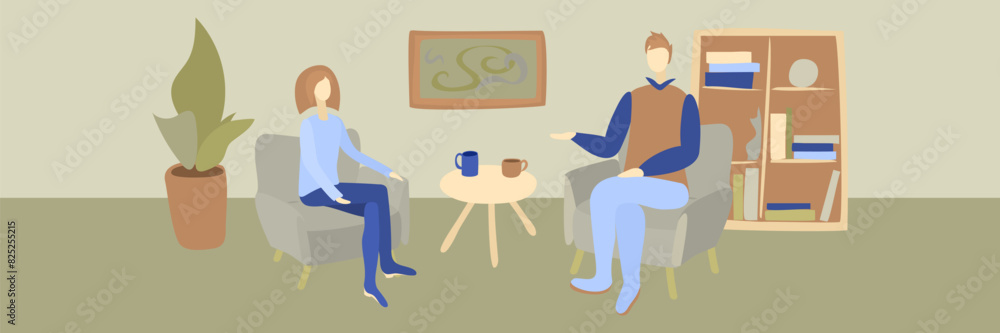 Simple vector drawing of a man in a psychotherapy session with a female therapist in brown and greenish colors Simple vector drawing of a man in a psychotherapy session with a female therapist in brown and greenish colors