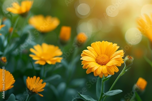 Vibrant marigold flowers bask in the golden light of a serene garden setting © anatolir