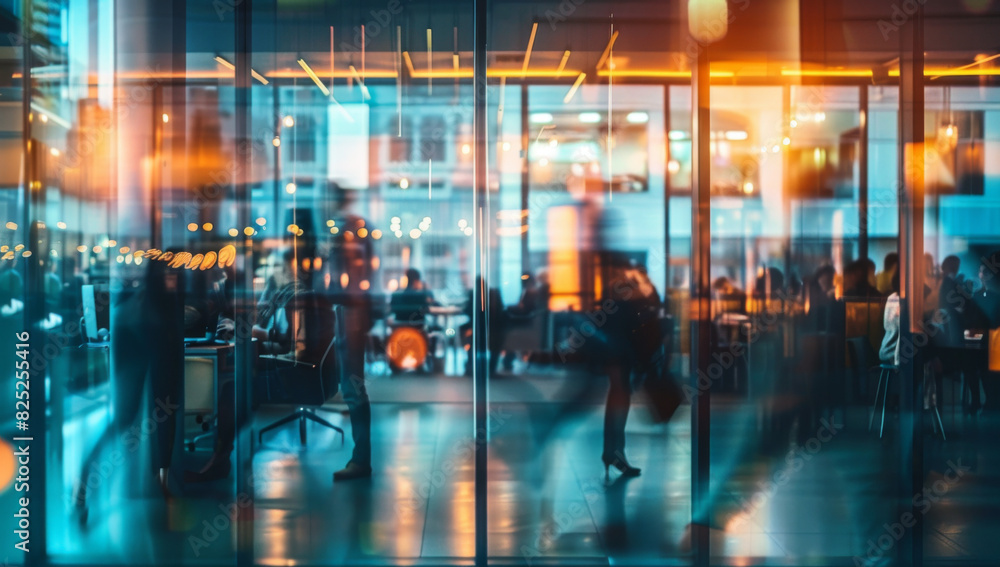 A softly blurred backdrop reveals an open office space buzzing with activity. People move dynamically, suggesting they are either approaching or receding from the camera, embodying business energy and A softly blurred backdrop reveals an open office space buzzing with activity. People move dynamically, suggesting they are either approaching or receding from the camera, embodying business energy and