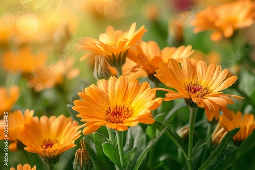 Close-up shot of beautiful orange marigold flowers with a sunlit bokeh background
