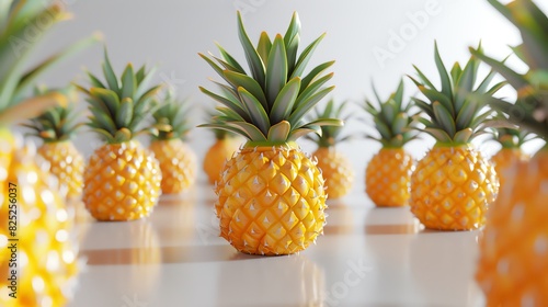 Craft a visually striking scene featuring luscious pineapples in a sweeping wide-angle perspective photo
