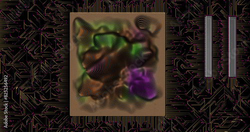 Electron scheme of the motherboard with a processor in the style of a hologram wire frame on a black background. Vector illustration.