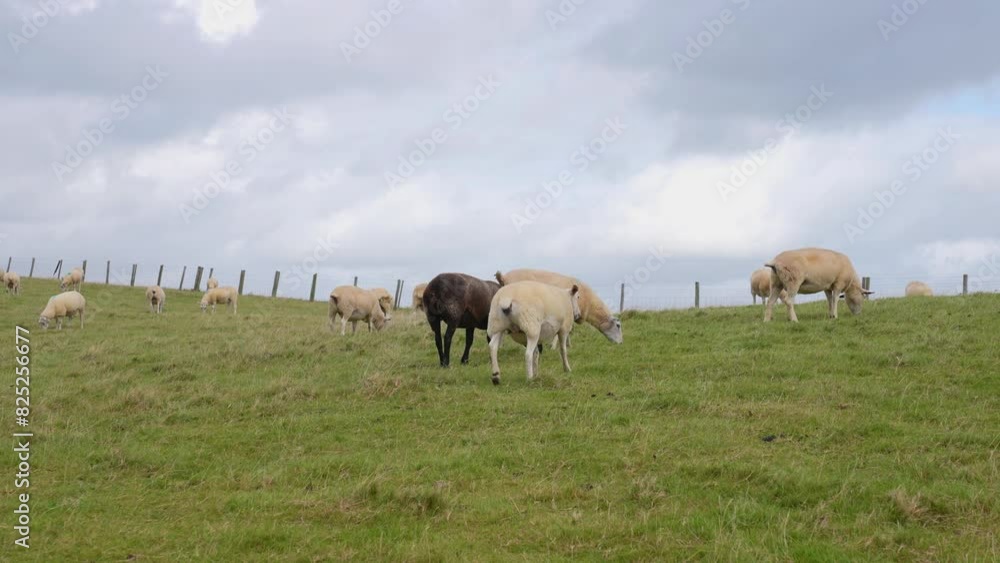 Flock of Sheeps Grazing in Green Pasture in Landscape of Wales UK, Slow Motion Flock of Sheeps Grazing in Green Pasture in Landscape of Wales UK, Slow Motion