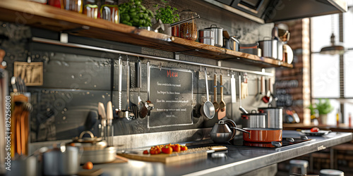 Italian Chef s Inspirational Kitchen - A stylish  industrial-inspired kitchen with an open shelf holding cooking tools and a chalkboard menu  showcasing the creativity of an Italian chef at work