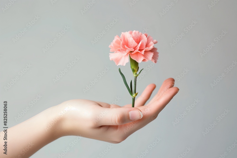 Hands Gently Holding a Pink Carnation Flower, Symbolizing Care, Love, and Delicacy Against a Soft Background.