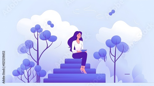 Illustration of a Girl Sitting Under a Tree with Purple Background