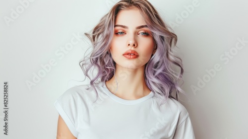 Wallpaper Mural Portrait of a young woman with lavender hair and striking makeup, wearing a white t-shirt, against a plain background, showcasing modern beauty and style. Torontodigital.ca