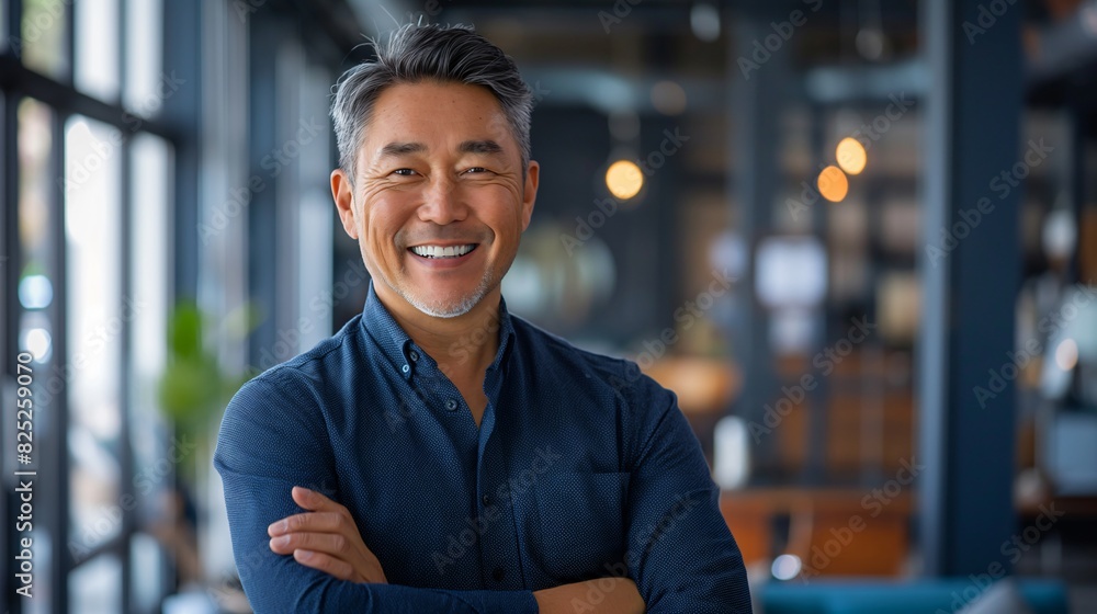 Smiling Middle-Aged Asian Man with Short Hair and Arms Crossed in Modern Office Interior with Blue Tones. Smiling Middle-Aged Asian Man with Short Hair and Arms Crossed in Modern Office Interior with Blue Tones.